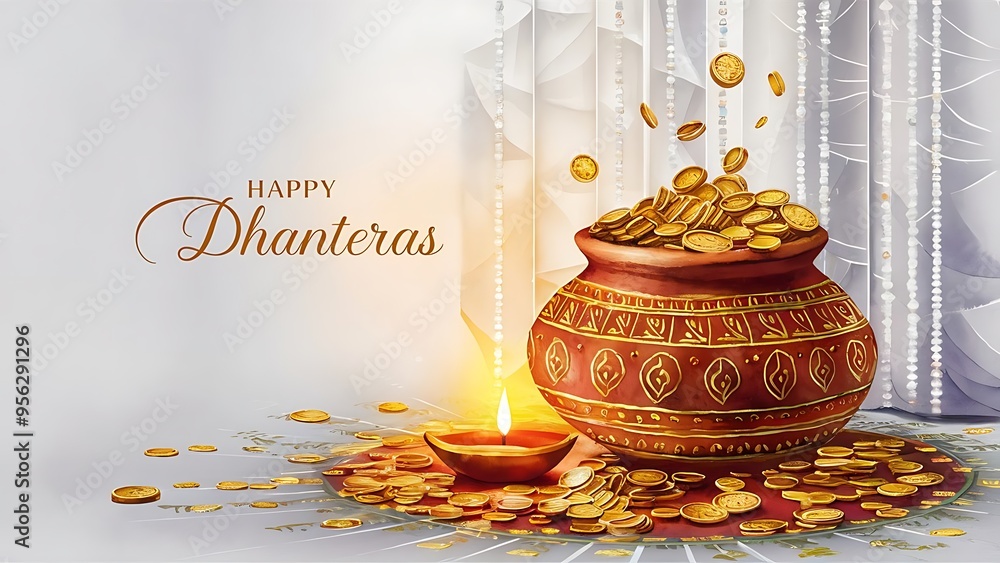 Wall mural happy dhanteras celebration with gold kalash and oil lamp diya diwali background