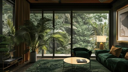 Fototapeta premium Modern Living Room with Tropical View and Luxurious Furniture