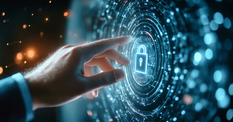 A businessman touches a glowing digital lock icon on a holographic screen, emphasizing the importance of cybersecurity for personal information protection
