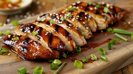 Grilled teriyaki honey ginger chicken breast sliced on a cutting board with green onions