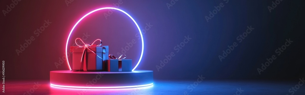 Poster Abstract background featuring a geometric circular podium for showcasing products or special occasions accompanied by a flying open gift box adorned with a red ribbon set against a white backdrop