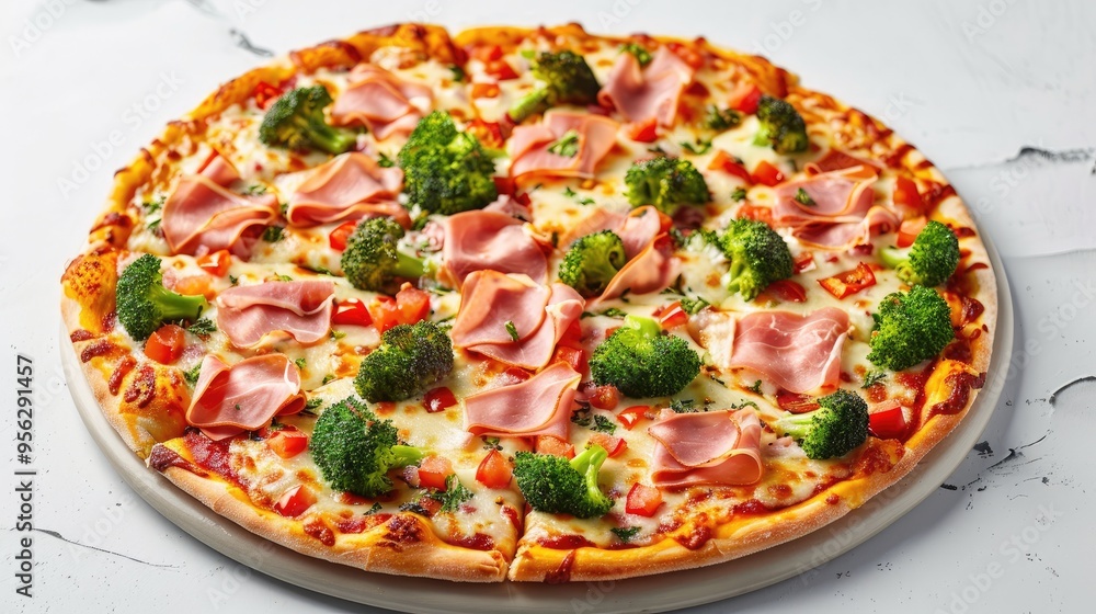 Poster top view of low carb pizza with broccoli tomato paste ham and cheese