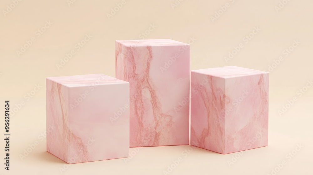 Poster pink marble cube box set on a minimal cream background featuring 3d rendering suitable for various d