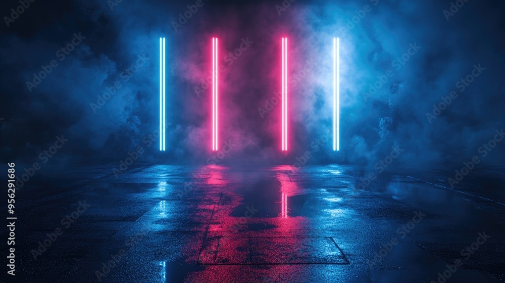 Poster empty backdrop with a dark reflection on wet asphalt featuring blue and red neon light rays mysterio