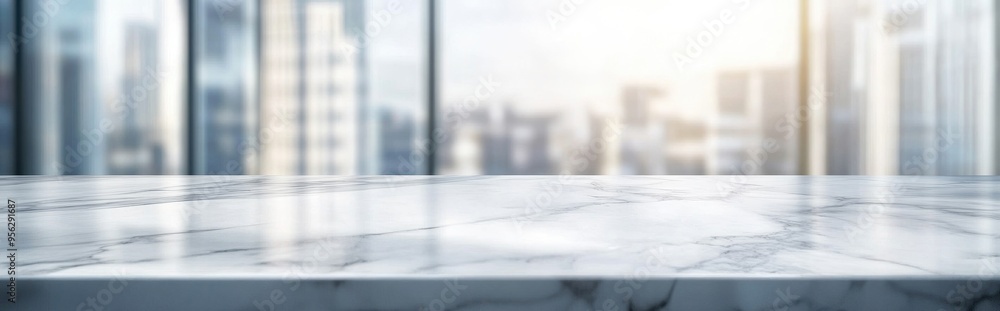 Poster white marble tabletop with a blurred abstract interior background suitable for product display or mo