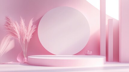 Mockup featuring a podium for showcasing products Abstract background with pink geometric shapes Minimalist design for a Valentine s Day theme 3D rendered abstract backdrop