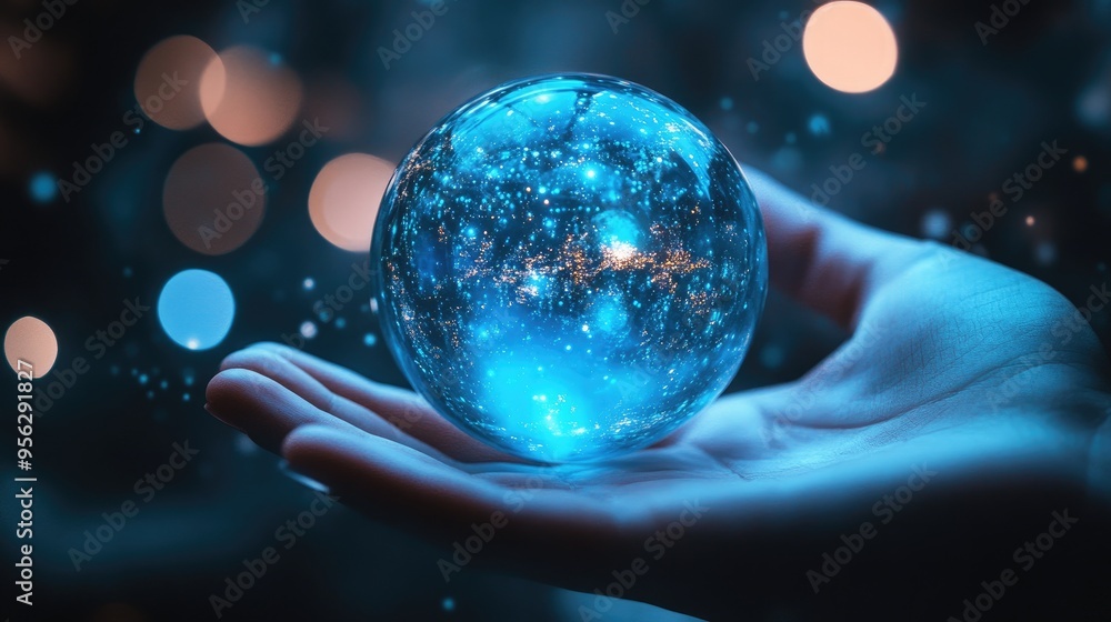 Poster glowing blue bokeh sphere resting in an open hand
