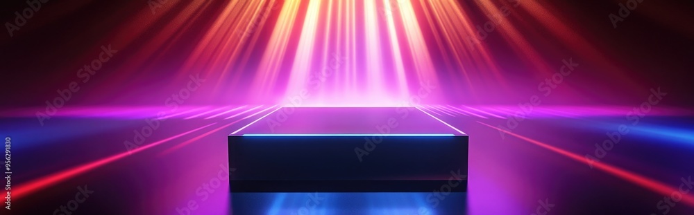 Poster Empty podium with a disco backdrop View of rays Enchanting party atmosphere Sporty design Luminous area Square stand Vibrant stage Showcase environment Central demo area 3D rendering Sparkling che