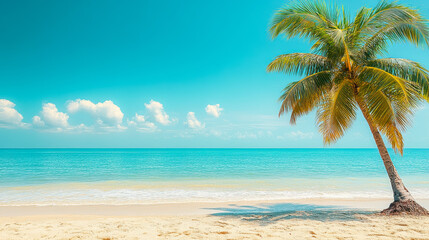 Obraz premium Idyllic Tropical Beach with Palm Tree and Clear Blue Sky, Perfect Travel Getaway and Summer Vacation Destination