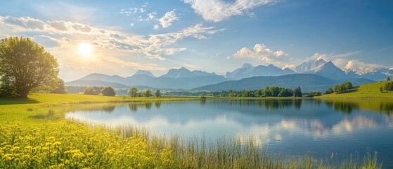Obraz premium Idyllic summer landscape with mountain lake and Alps