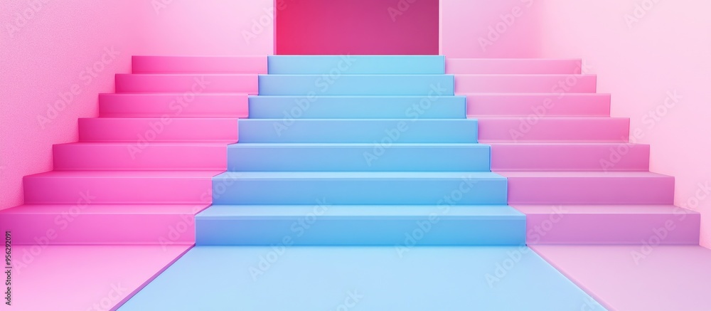 Poster pastel colored pink and blue stairs minimalistic scene ideal for product showcasing 3d rendering