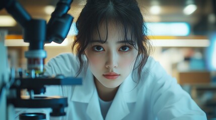 Fototapeta premium Female researcher conducting chemistry experiment in modern lab