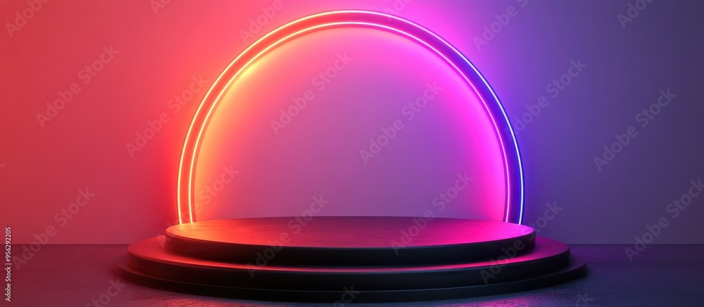 Poster Black podium on neon light display with blank backgrounds 3D rendering