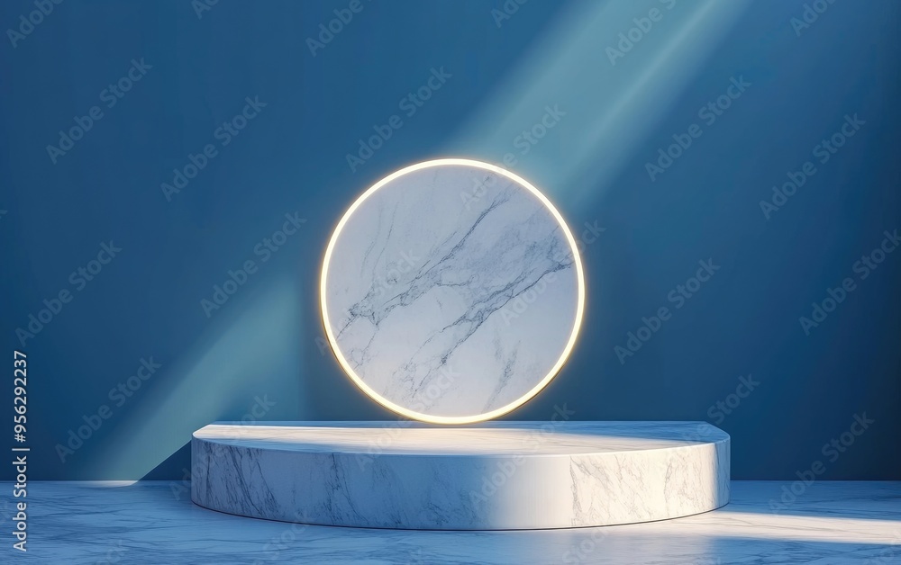 Poster cosmetic presentation backdrop featuring a marble display on a blue surface elegant design with a lu