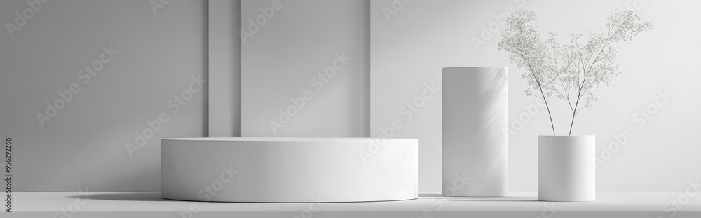 Poster white cylindrical display with abstract minimal geometric podium for product packaging mock up prese