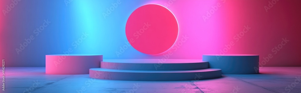 Poster Podium featuring empty geometric shapes in a pastel sky blue composition designed for modern stage presentations and minimalist mockups serving as an abstract showcase background 3D illustration o