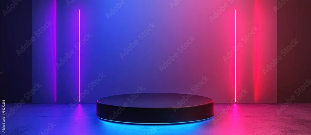Poster black podium on neon light display with blank backgrounds 3d rendering