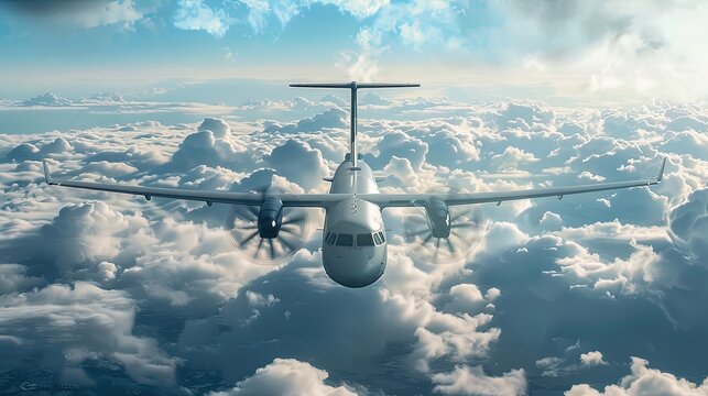 Rear view of an ATR 72 airplane among the clouds Twin engine turboprop short haul regional passenger aircraft Landing airplane