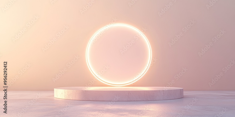 Poster Podium on a soft pastel background featuring a luminous glowing circle Elegant backdrop suitable for showcasing goods products or skincare Contemporary graphic design illustration in 3D render styl