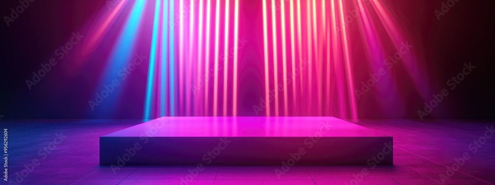 Poster Empty podium Disco backdrop View of rays Magical event display Sporty aesthetic Illuminated area Square platform Vibrant stage Exhibition venue Central demo area 3D rendering Shine check scene Bri