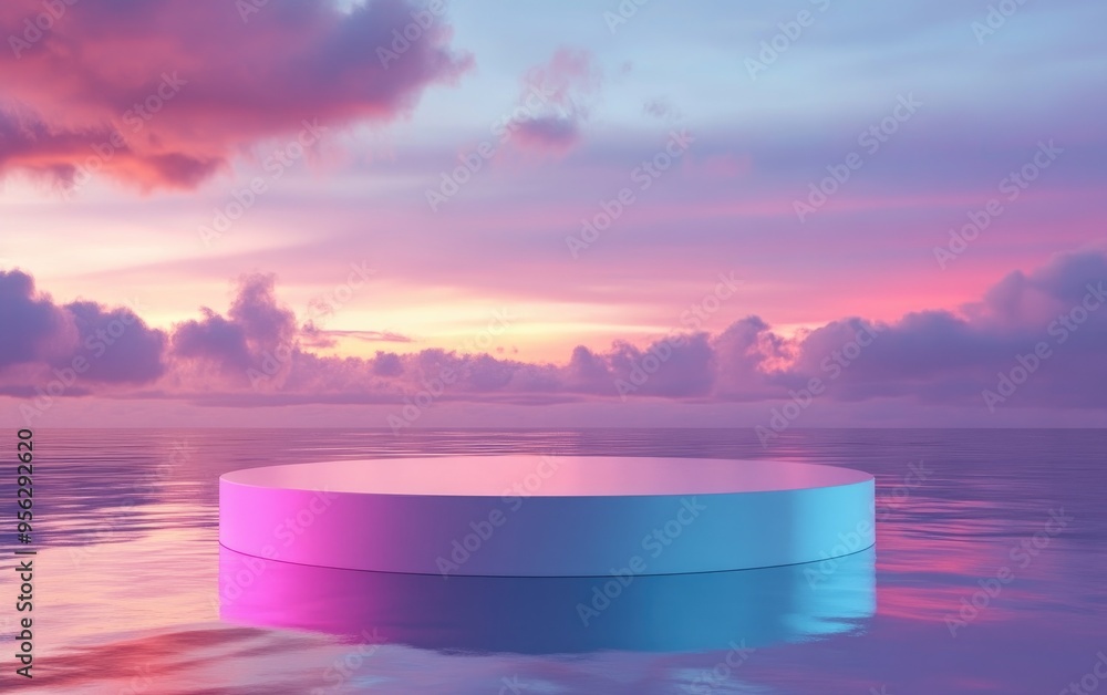 Poster water podium with a colorful sky backdrop for advertising display 3d rendering