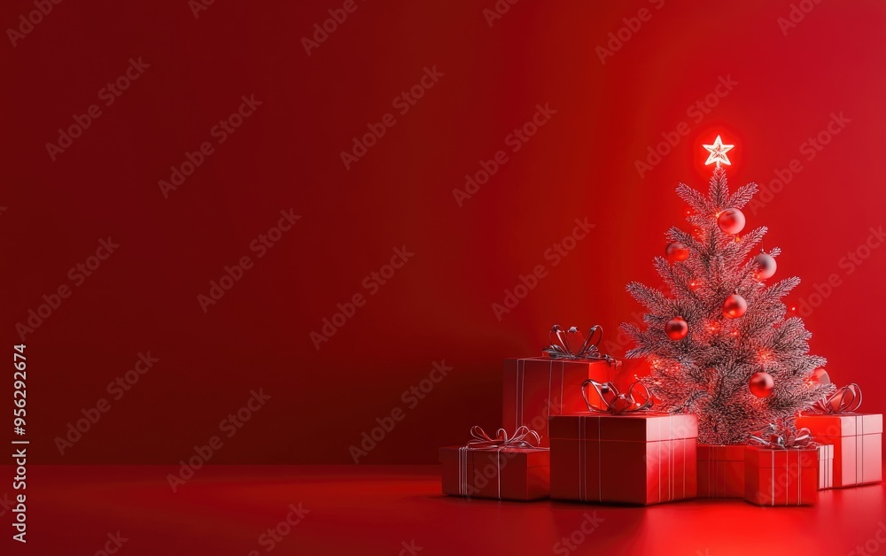 Poster christmas themed design on a red backdrop for product promotion featuring 3d rendering illustration