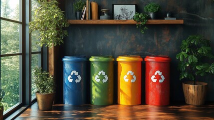 Brightly Colored Recycling Bins Neatly Arranged in a Modern Home, Promoting Eco-Friendly Living and Sustainable Practices