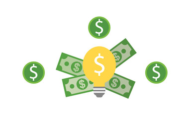 Business startup concept. make money. yellow idea bulb and dollars. earn online ideas. high quality. illustration graphic vector design