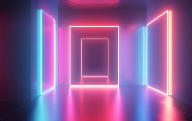 Abstract blurred 3D rendered background featuring glowing lightboxes and geometric shapes for showcasing products or presentations in soft focus