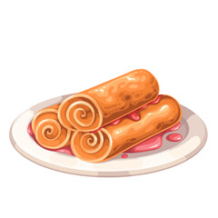 Pancake rolls stack with strawberry jam on cartoon plate. Serving homemade crepes with sweet red sauce. Breakfast, bakery, dessert recipe mascot, cartoon thin pancakes pile vector illustration