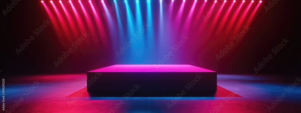 Poster Empty podium Disco backdrop View of rays Magical event display Sporty aesthetic Illuminated area Square platform Vibrant stage Exhibition venue Central demo area 3D rendering Shine check scene Bri