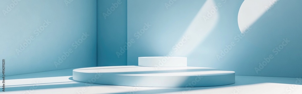 Leinwandbilder sky blue 3d background featuring geometric shapes and a podium on the floor platforms designed for p