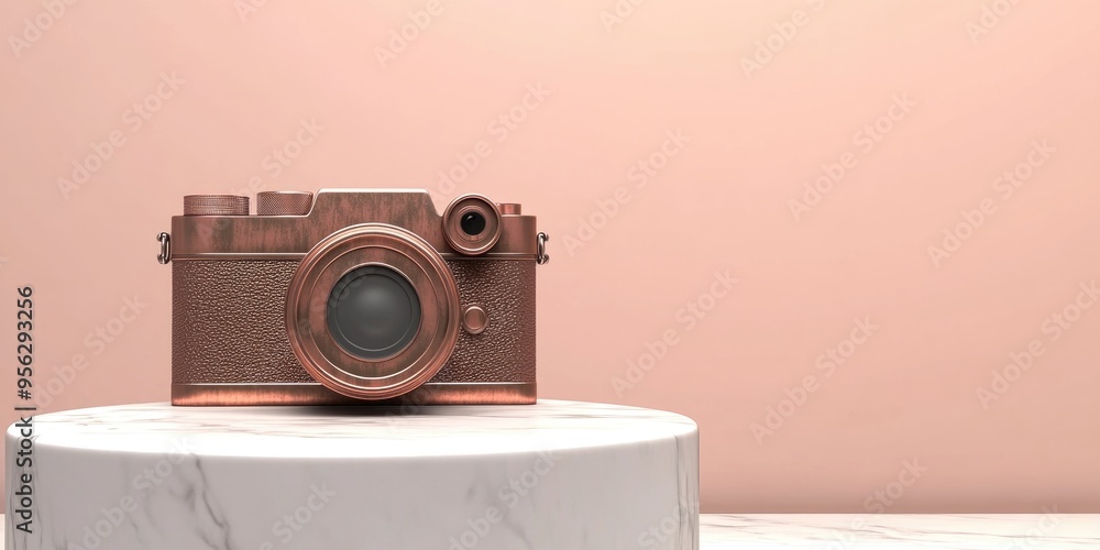 Poster bronze photo camera symbol displayed on a white marble podium icon for use in websites social media 