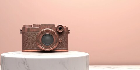 Fototapeta premium Bronze photo camera symbol displayed on a white marble podium Icon for use in websites social media presentations and design templates 3D rendering