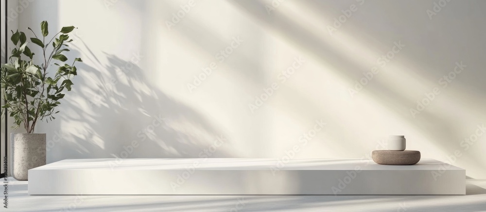 Poster Minimalist display platform with blank white background and natural window light casting subtle shadows designed for showcasing products in an interior setting 3D rendering
