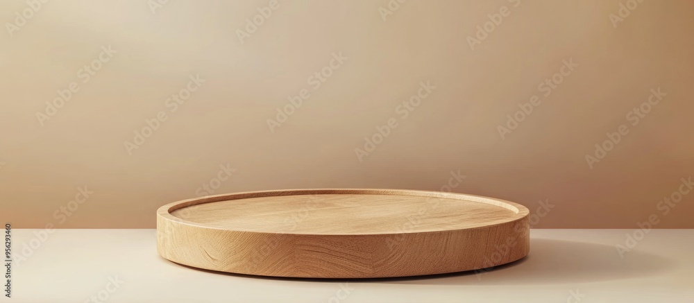 Poster wooden round podium on a neutral background for showcasing products front view with ample copy space