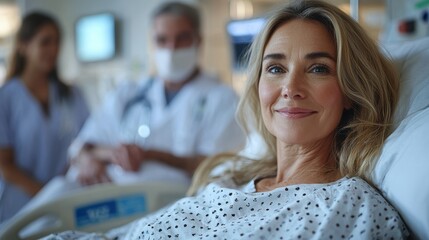 Fototapeta premium Comforting Presence - Patient Recovery with Medical Staff and Family Support in Hospital Bed