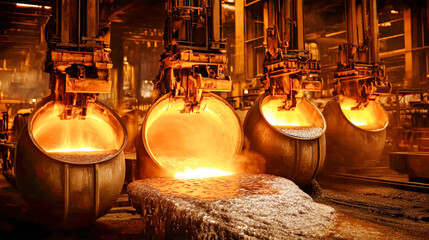 Molten metal streams from towering scales into massive drums, casting an orange glow in a high-temperature environment