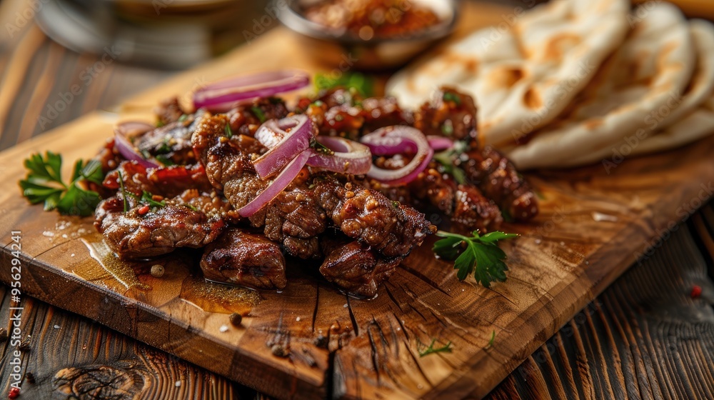 Poster Part of the wooden board with fried beef meat with red onion rings sauce and pita bread on the wooden table close up perspective view shallow depth of field Meat in focus