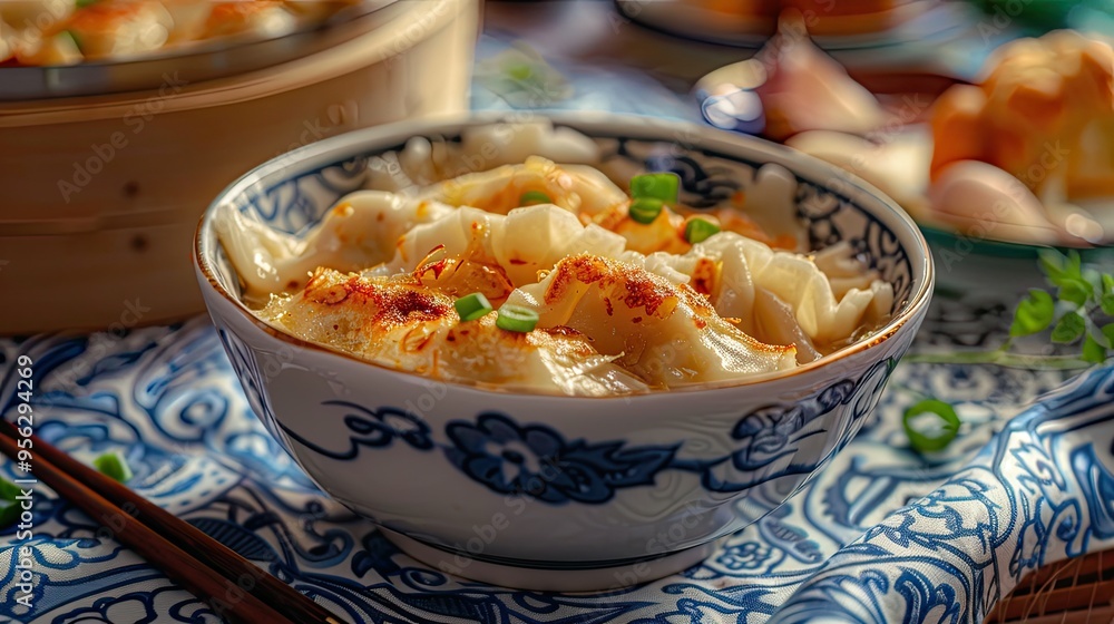 Poster steamed ginger and pork dumplings in a bowl with a crispy golden brown crust served on a blue patter