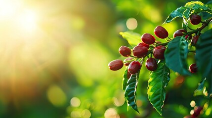 Fresh coffee cherries on a branch glisten in the sunlight, showcasing nature's beauty and abundance in vibrant green foliage.