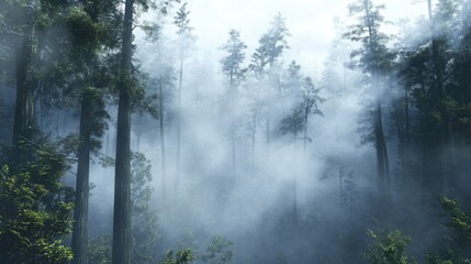 Fototapeta premium Trees in the fog. The smoke in the forest in the morning. A misty morning among the trees