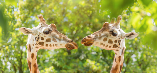 Two giraffes close-up looking at each other, love, wild animal behaviour, animal with a long neck, zoology, animal world, animal protection.