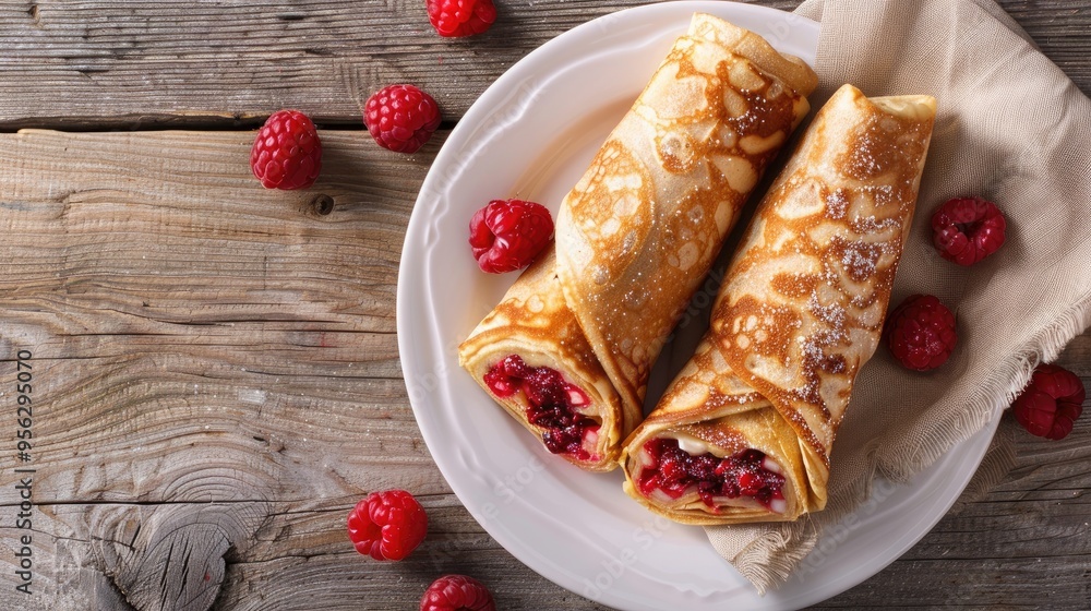 Poster Whole pancake roll halves of pancake roll with raspberry filling in white plate on wooden table