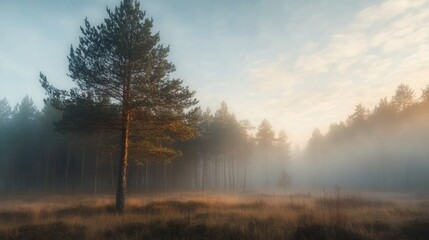 Naklejka premium Trees in the fog. The smoke in the forest in the morning. A misty morning among the trees