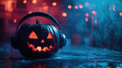 Lantern Pumpkin Wearing Headphones on Spooky Halloween Night Background with Copy Space for Text, 3D Illustration. AI generated illustration.