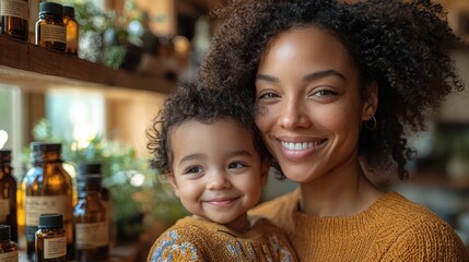 Naklejka premium Loving Mother Administering Calming Oil Drops to Child in Cozy Home Setting