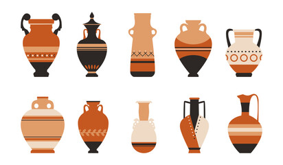 A vector set of decorative amphorae, jugs with classical Greek patterns in a flat style