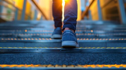 Fototapeta premium Person Walking Up Stairs in Sunset Light