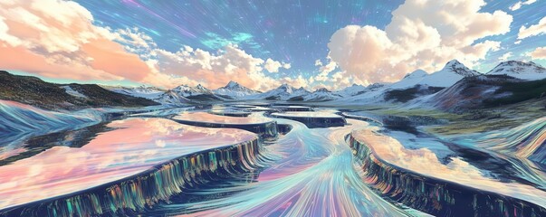 Vibrant landscape showcasing a winding river and snow-capped mountains under a dramatic sky, creating a serene and picturesque scene.